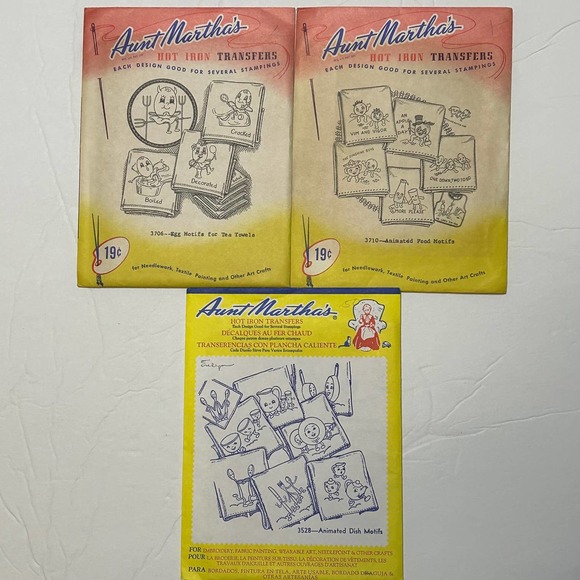 Aunt Marthas Animated Food & Dish Hot Iron Transfers #3528 #3706 #3710 Lot of 3 - Picture 1 of 5